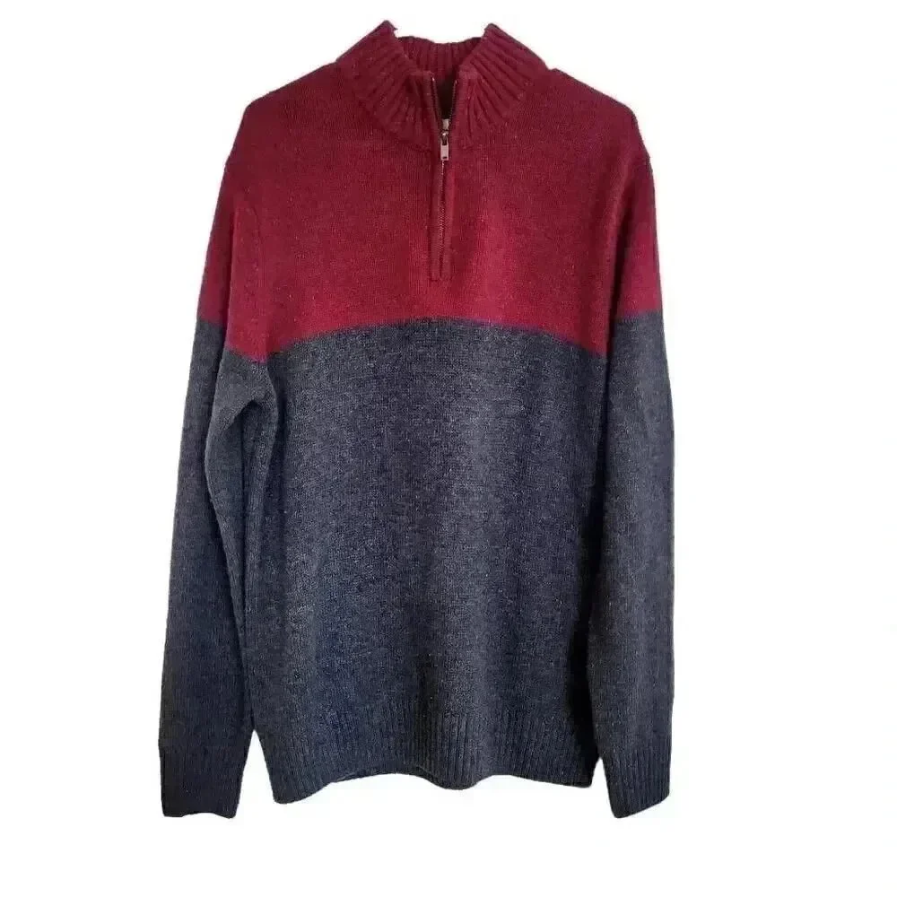 Sonoma Men's Red & Charcoal Cotton/Acrylic Color Block Knit Quarter Zip Mock Nec